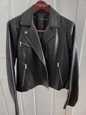 Lauren Ralph Lauren Black Leather Moto Jacket with Silver Zippers